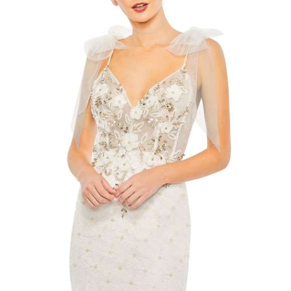 NWT $798 MAC DUGGAL WHITE EMBELLISHED SLEEVELESS BOW DETAIL GOWN STYLE 50666 - Picture 3 of 8